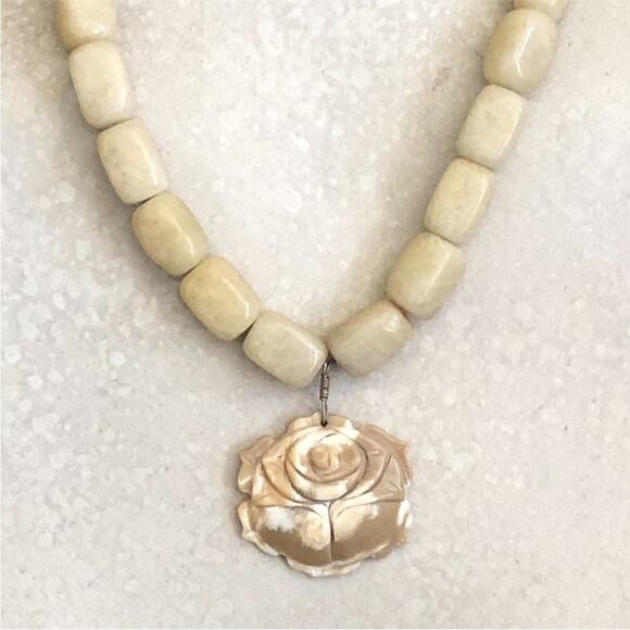 Handmade Slightly Irregular Beaded Carved Rose Pendant Chic Necklace Taupe Ivory - Picture 4 of 9